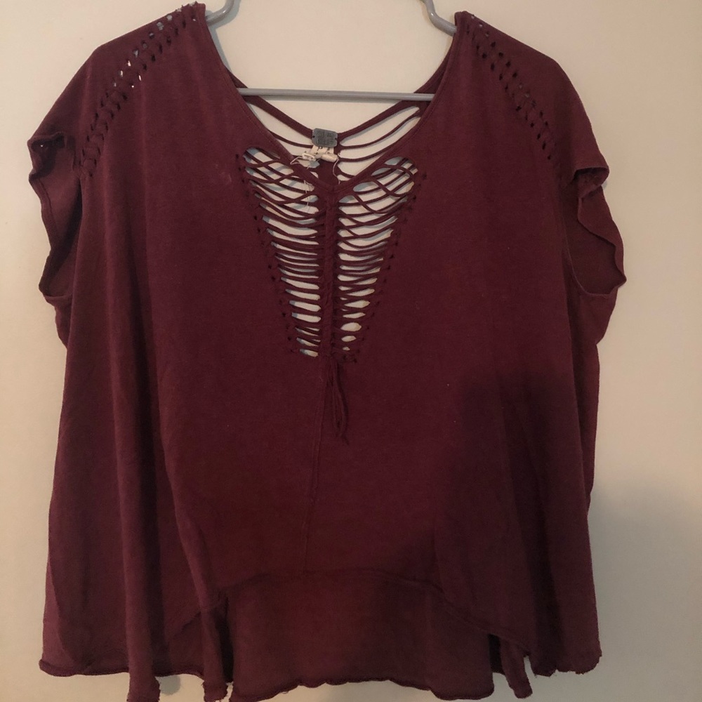 Free People Maroon Distressed Shirt
